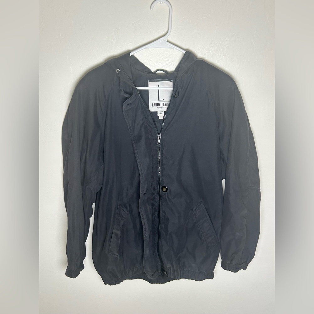 Larry Levine Vintage Hooded Windbreaker Mens S Gray Microfiber Zip Jacket